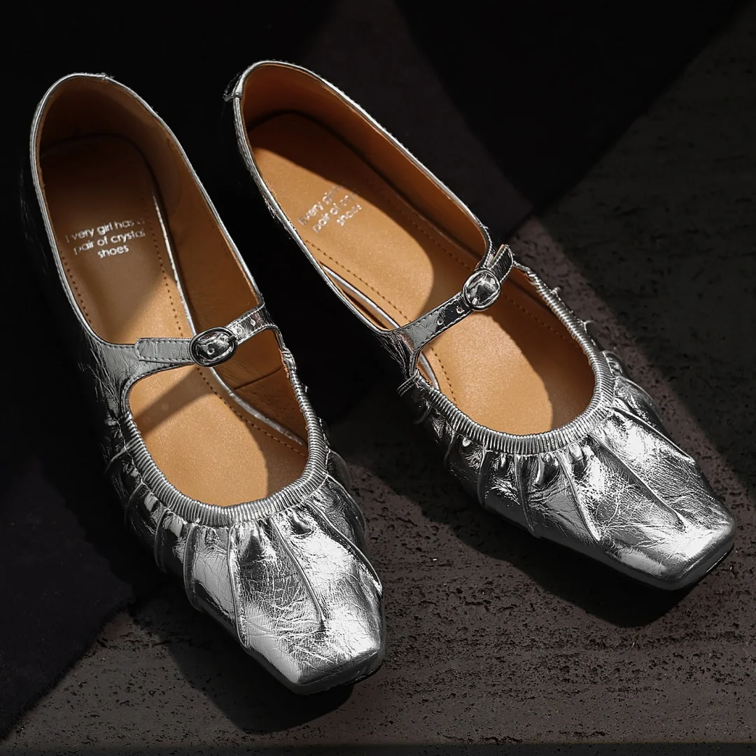 

Women's genuine leather square toe metal buckle pleated Mary Jane flats 2.5m kitten heel elegant ladies slim daily dress shoes