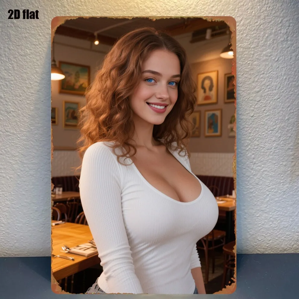 High Definition Metal Tin Sign Curly Redhead Beauty in Cafe Retro Vintage Wall Art Plaque for Home Decor