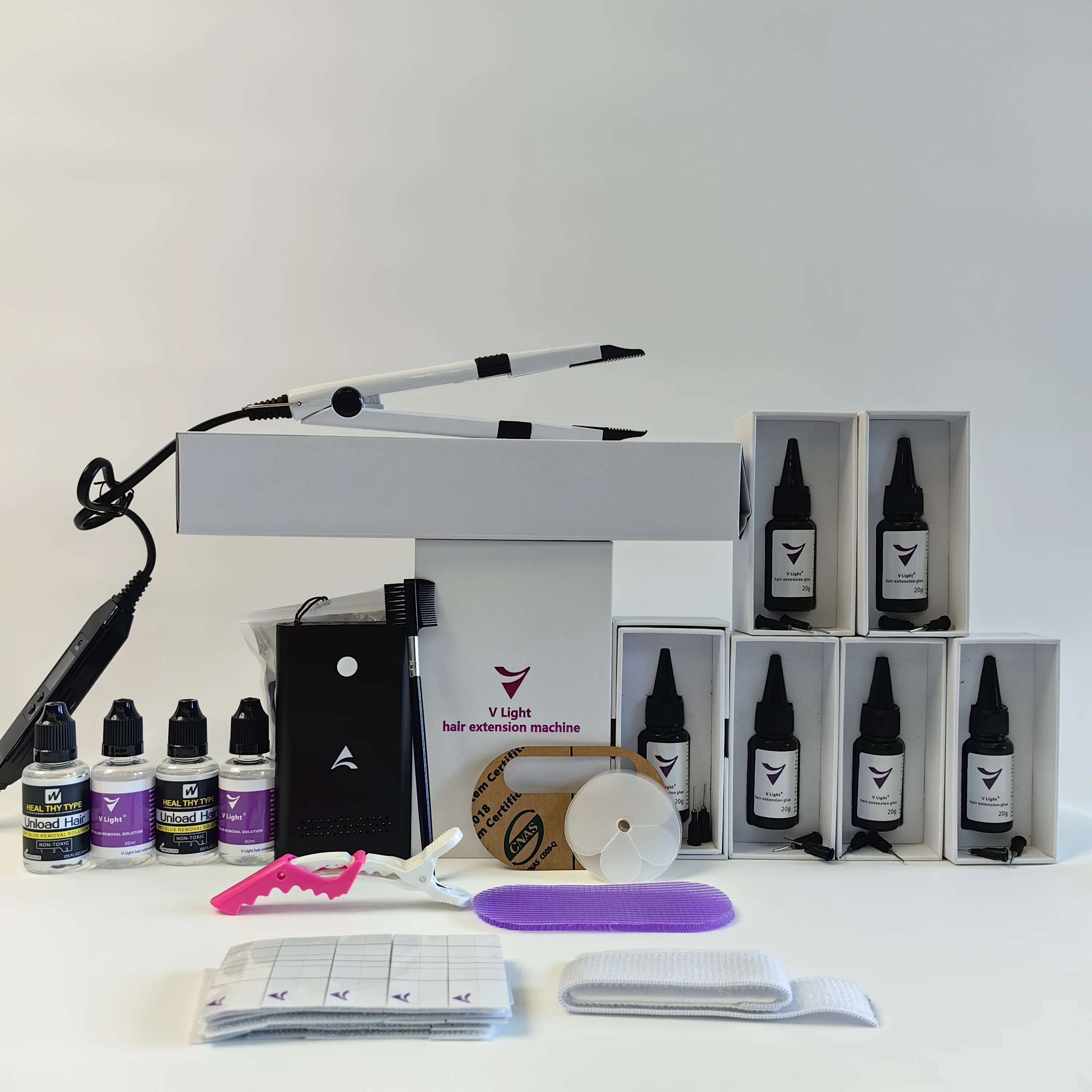 Hot sell!Original V-Light Technology Hair Extender Set with 6 bottles of Traceless Hair Extender Glue