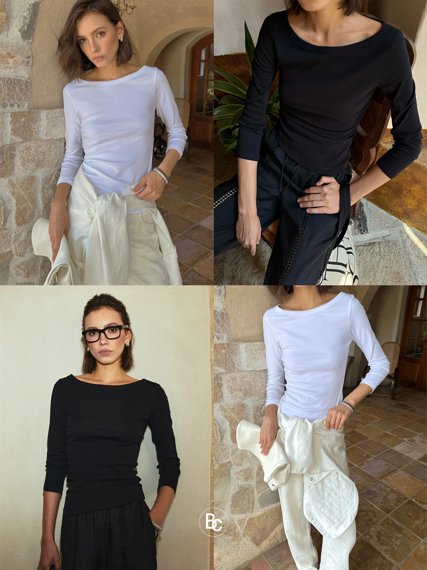 

Эластичная футболка Betchow Mermaid с модным вырезом-лодочкой и длинным рукавом, черно-белая, осенне-зимняя, приталенная, из хлопка