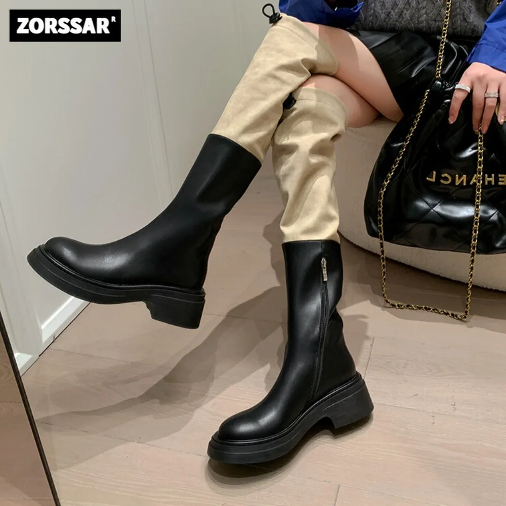 

Genuine Leather Female Platform Thigh High Stretch Boots Fashion Slim Chunky Heels Over The Knee Boots Women Party Shoes