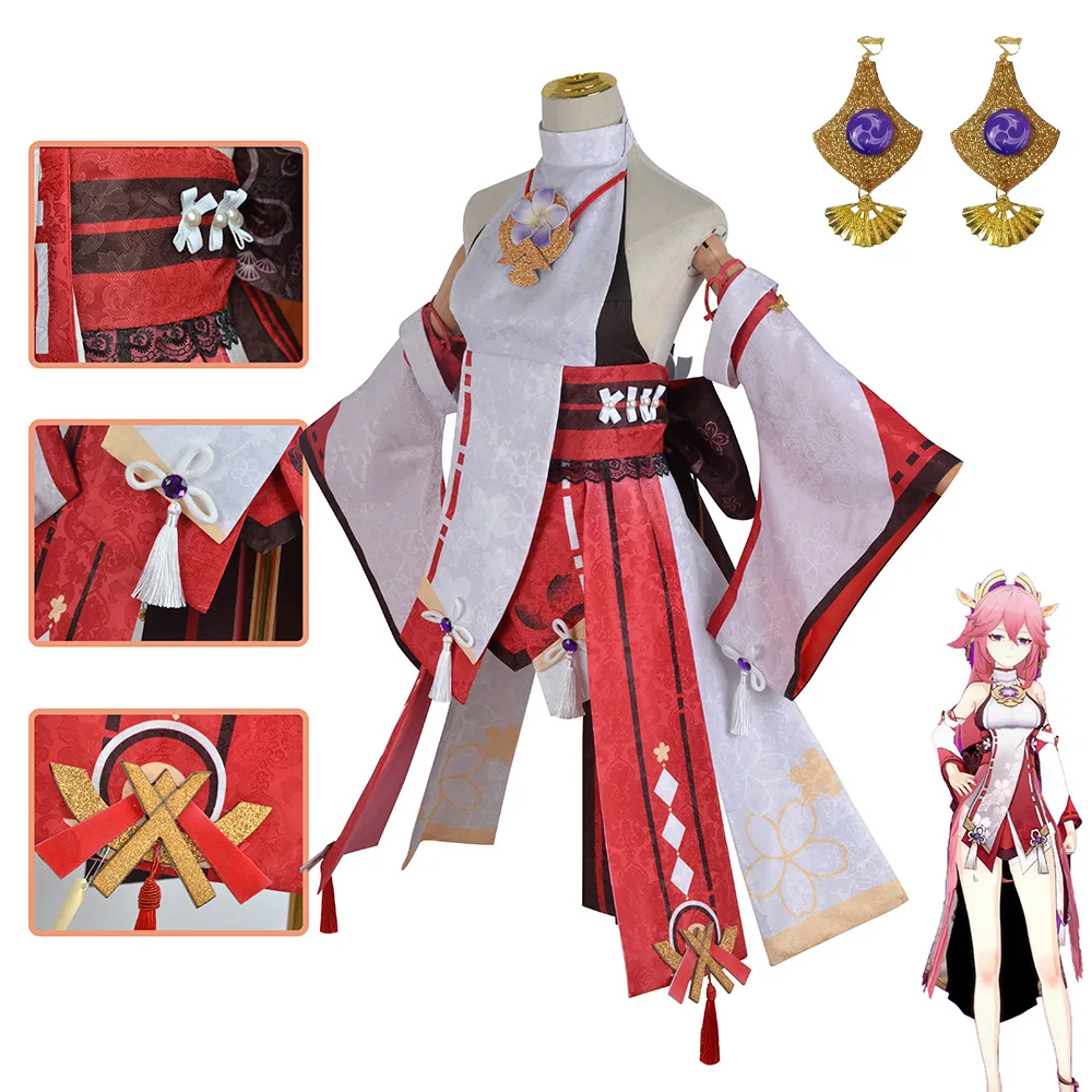 Disfraz de Cosplay de Genshin Impact Yae Miko, conjunto completo de Guuji Yae, vestido, tocado, traje de juego