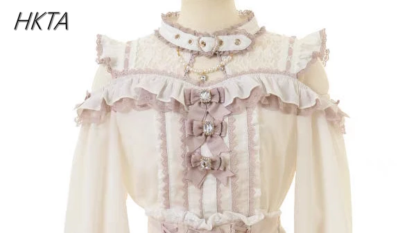 

Блузка Liz, женская японская рубашка с открытыми плечами и длинными рукавами с воротником-шахта, весна-лето, милая шифоновая рубашка в стиле Лолиты с кружевным бантом для девочек