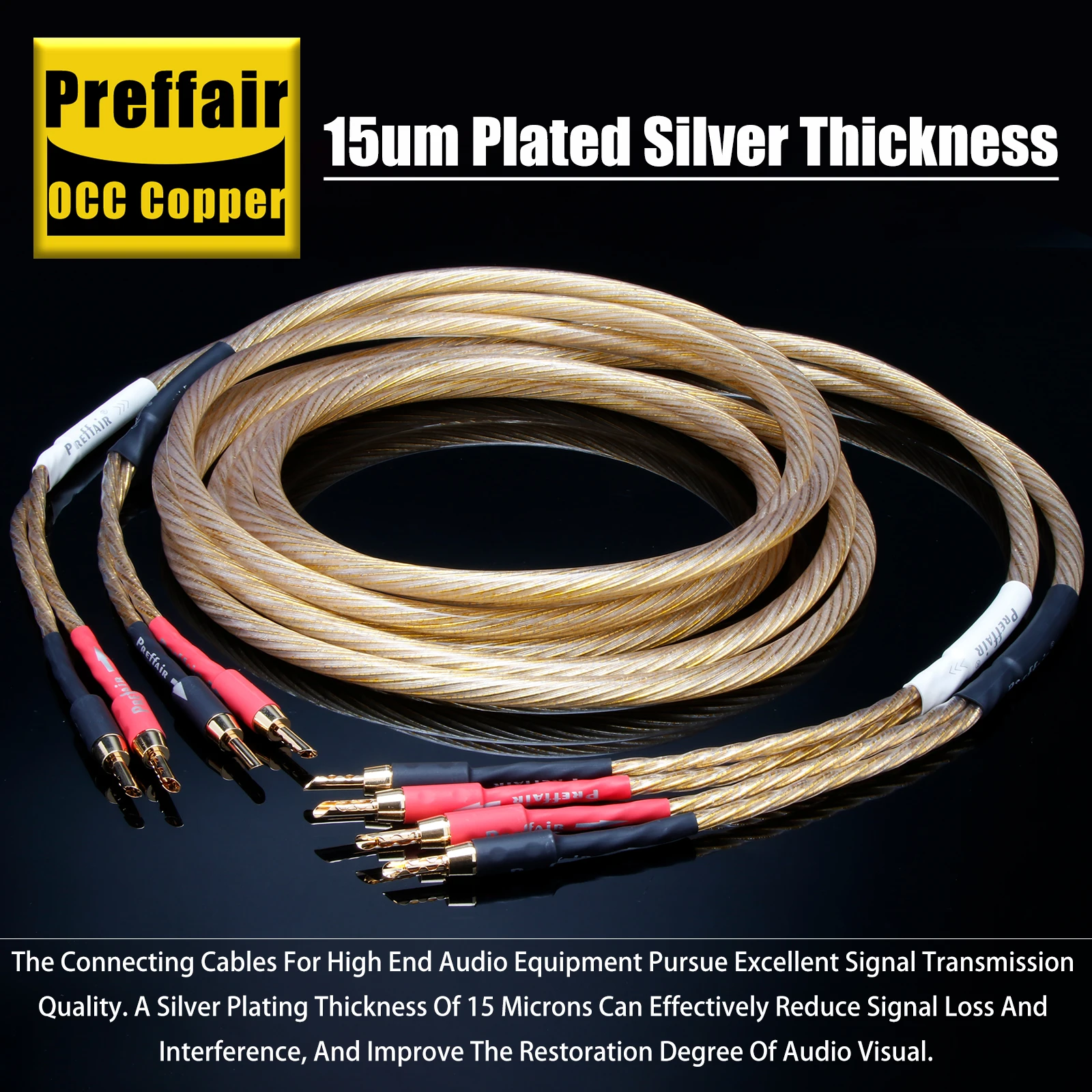 

Preffair HiFi Gold Speaker Cables 8N OCC Silver Plated Loudspeaker Cable Audio Speaker Wire Gold Plated Banana Plug for Amp