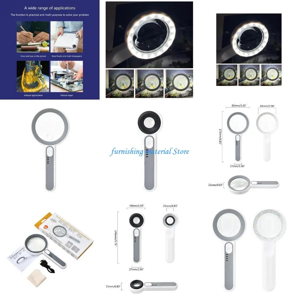 

Y5GD Super Large Glass with LED Lights Loupe Magnifier Illuminated Old Man Reading Handheld Reading Glasses