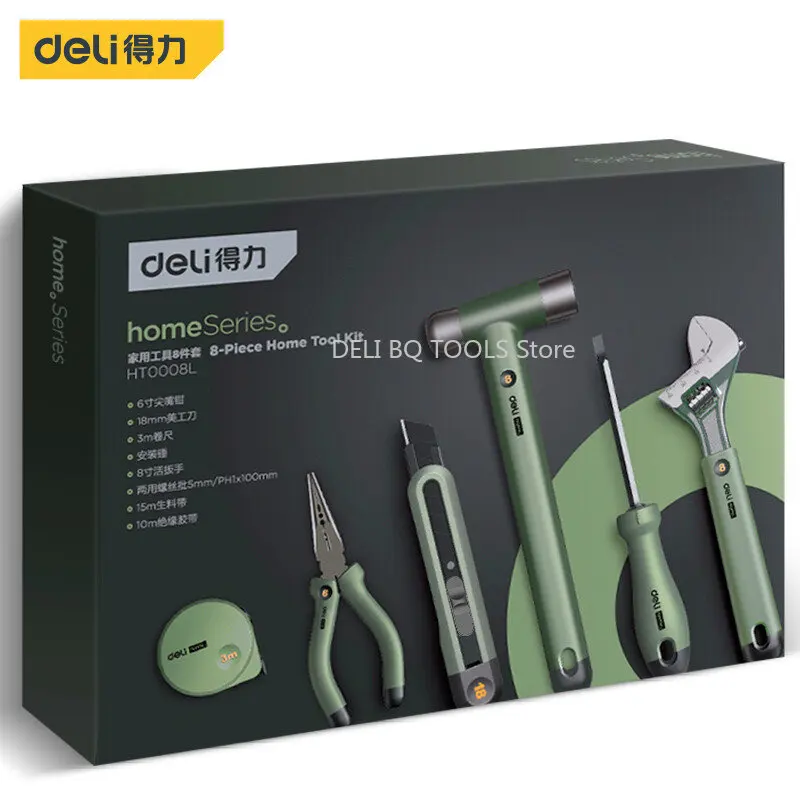 DELI-Kit d\'Outils de Réparation à la Main, Marteau à Ongles d\'Installation, Ruban à Mesurer, Ensemble Multifonction, Pince, Tournevis, Vert, Maison,