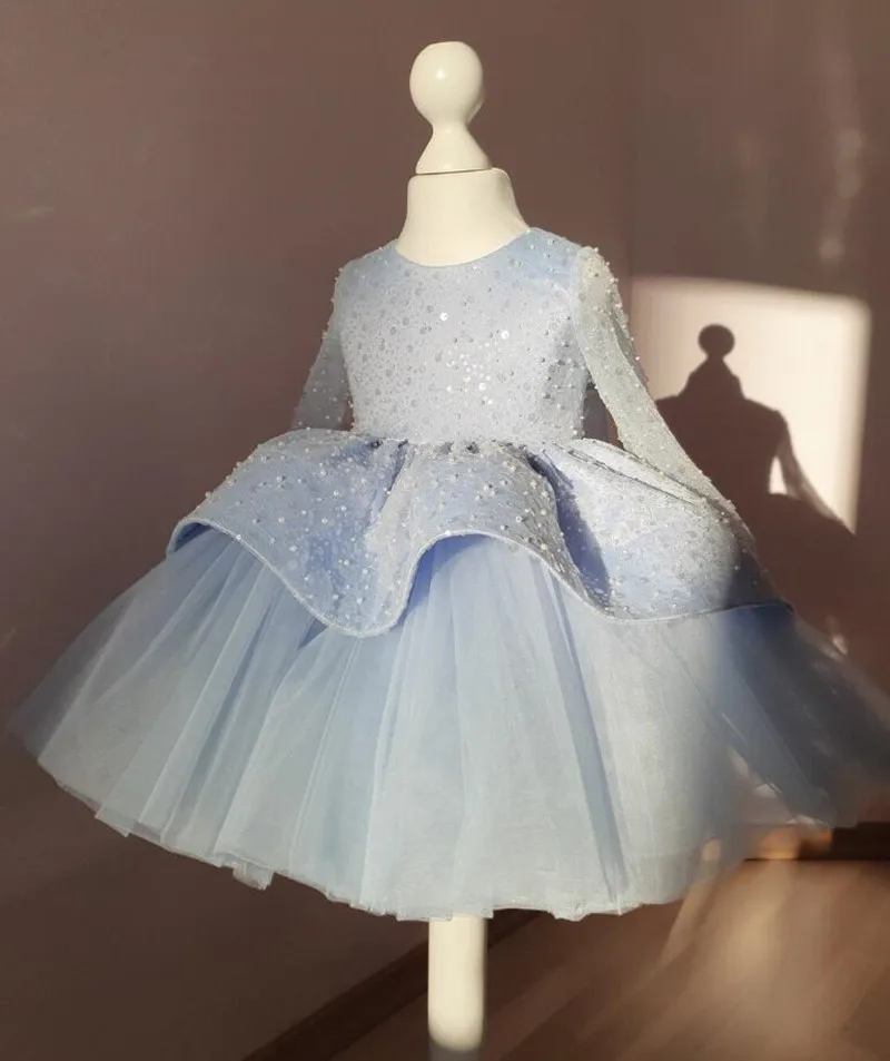 

Glitter Sequin Pearls Baby Girl Dress Long Sleeves Tutu Outfit Little Princess Birthday Gown Fluffy Flower Girl Dress