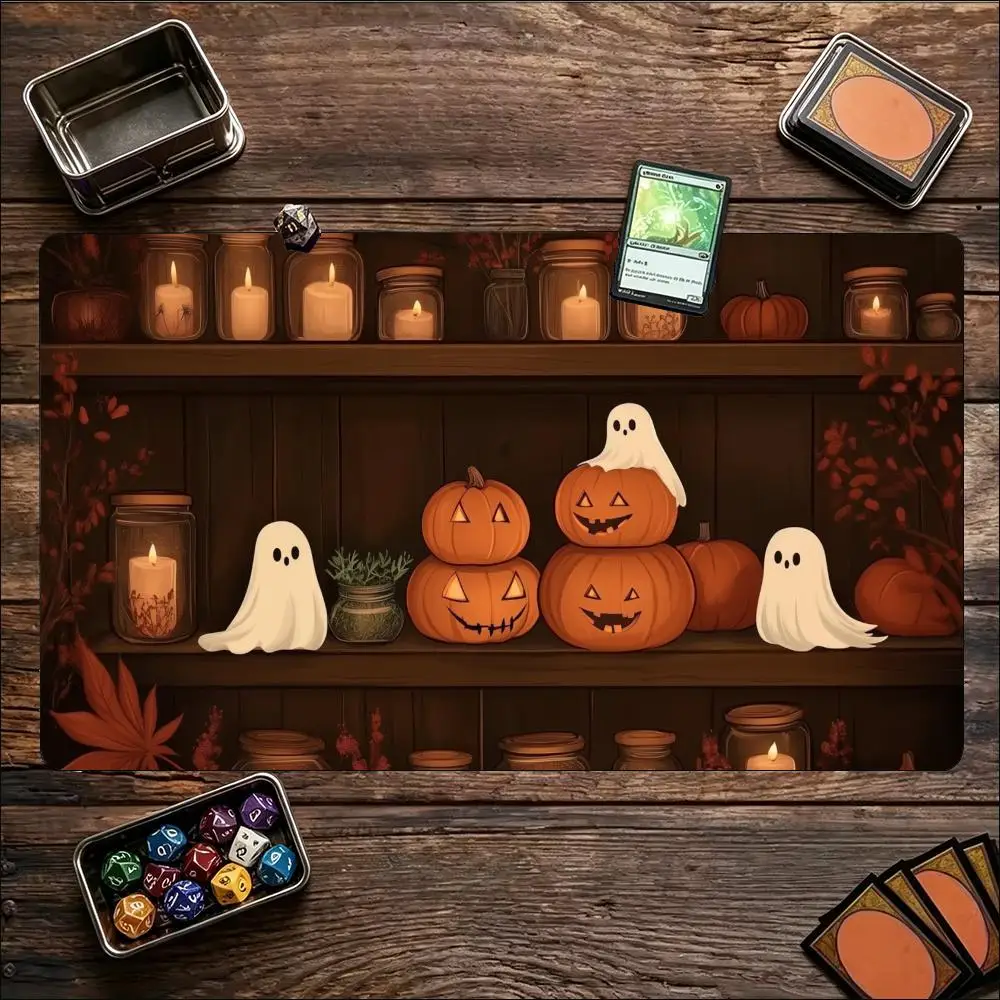 Large Cozy Halloween Fireplace TCG Retro Ghost Cat Warm Scene Non-Slip Stitched Edge Natural Rubber Gamer Card Play Tablepad