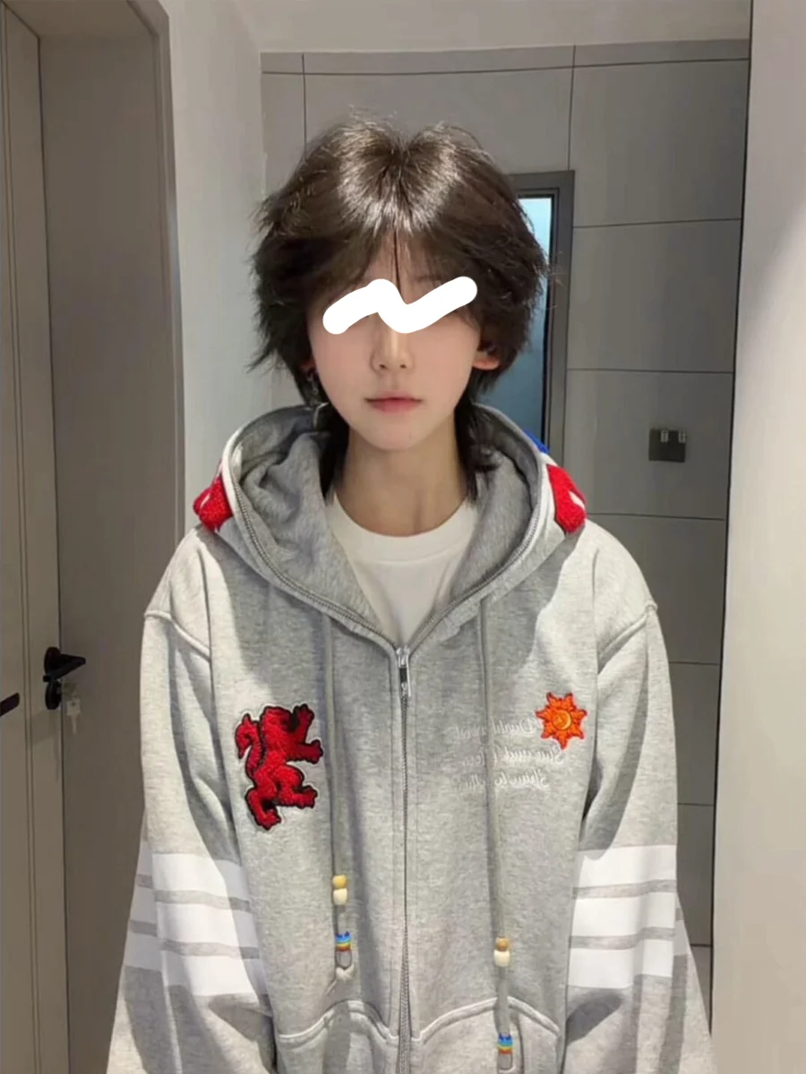 

Американский уличный стиль: вышитый кардиган-худи с надписью, унисекс, весна-осень, модный, свободный крой, премиум-класс