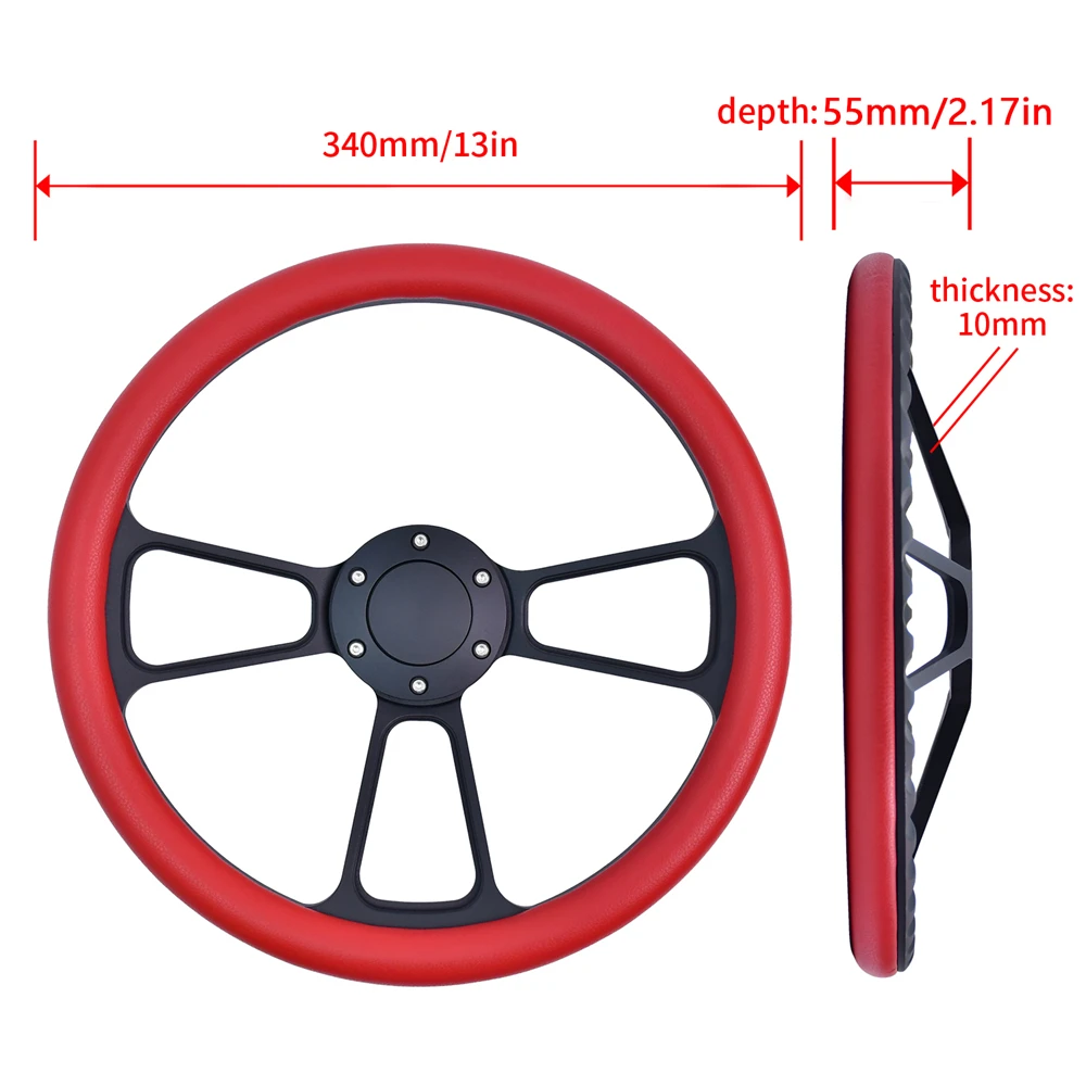 14 Inch 340mm Classic Retro Steering Wheel Red Microfiber Leather Chrome Plated Three Spoke Racing Steering Wheel  with Horn