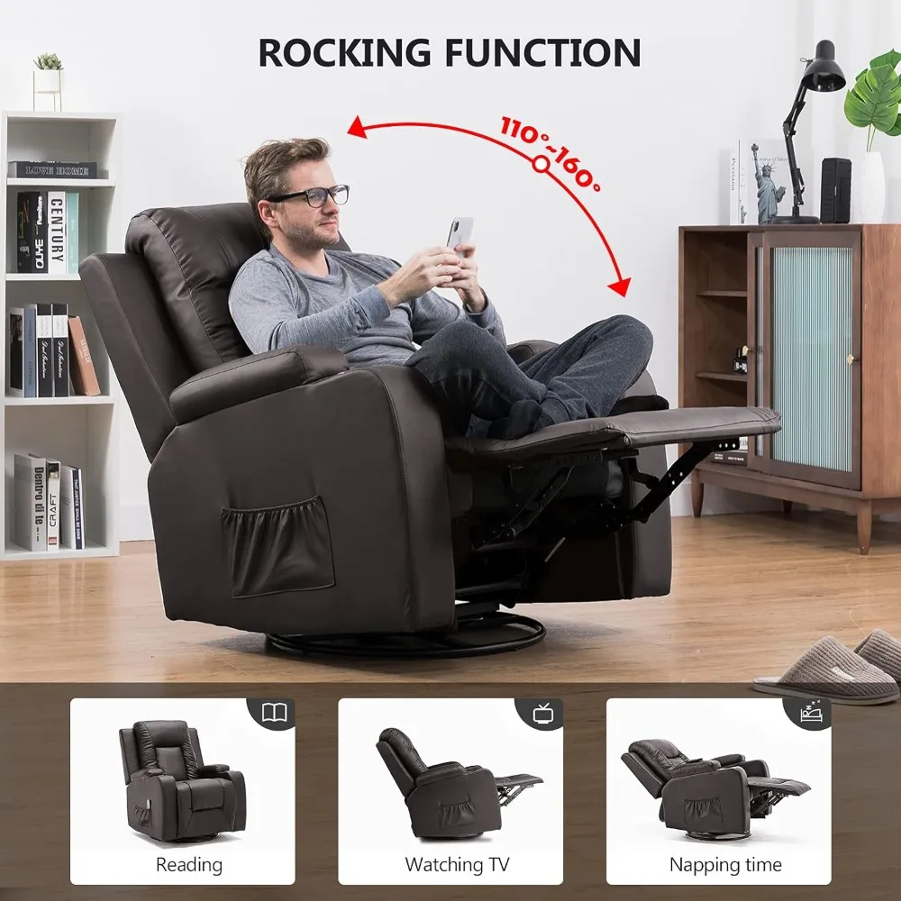 PU Leather Recliner Chair Modern Rocker with Heated Massage Ergonomic Lounge 360 Degree Swivel Single Sofa with Drink Holders