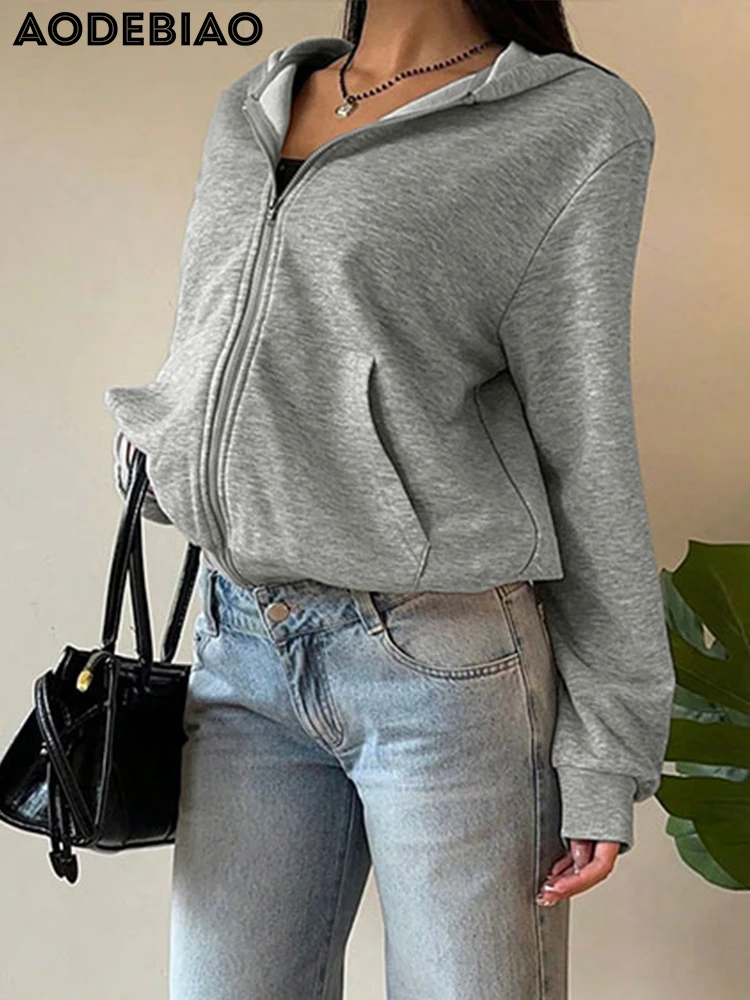 AODEBIAO Grey Hooded Hoodie Women Sports Autumn Long Sleeves Fashion Zippers Coat Top Casual Solid Basic Hoodie Women Streetwear
