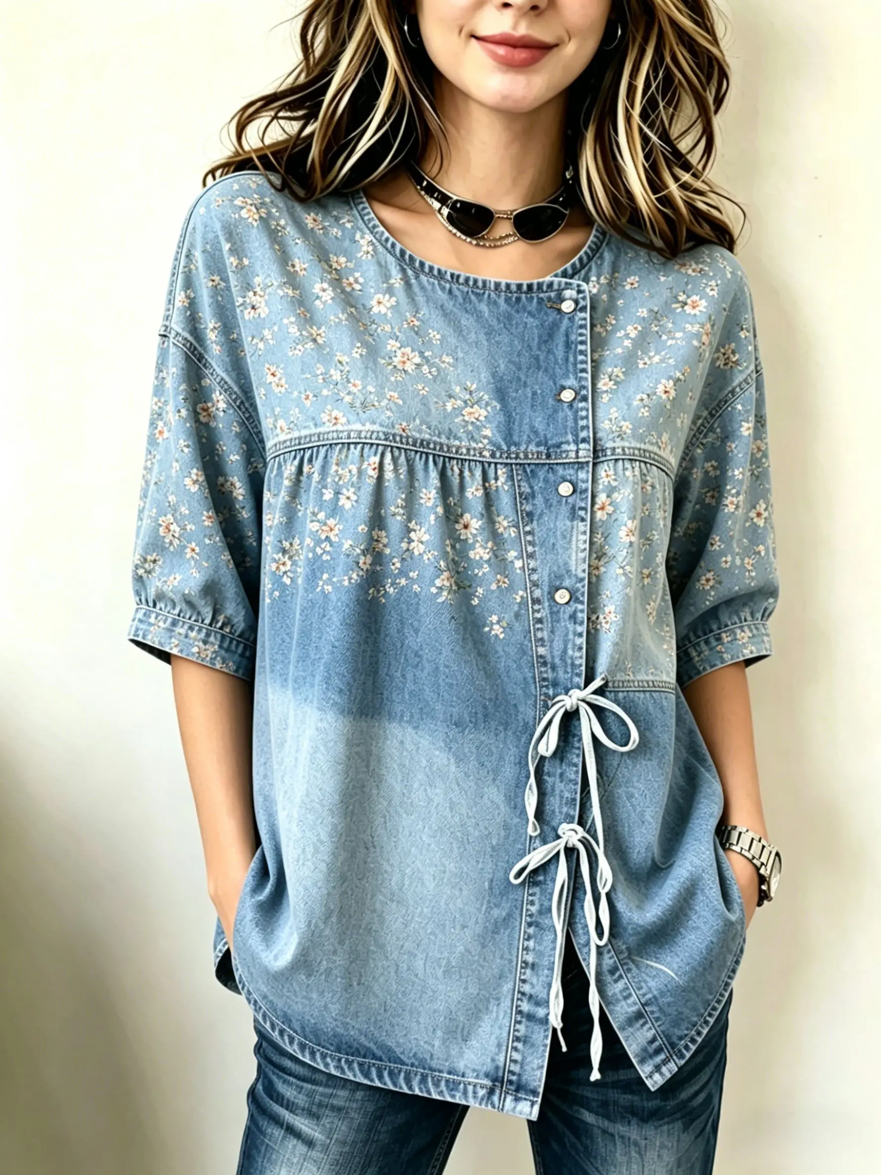 

Women's Vintage Washed Floral Print Drawstring Button Up Blouse, Casual Round Neck Tops for Spring Summer Daily Vacation Wear