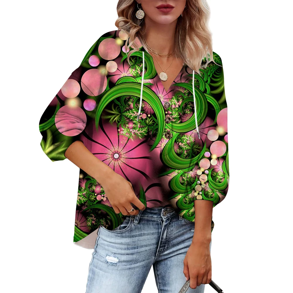 CLOOCL Hoodies Frauen Herbst Langarm Mit Kapuze Sweatshirt Blume Kunstdruck Tops Mode Dünne Mit Kapuze Streetwear Übergroßen