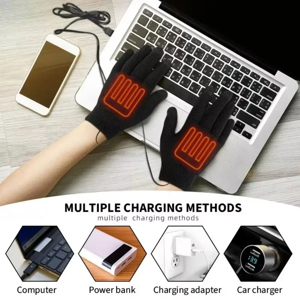 1 Level 3 Level USB Electric Heated Gloves Solid Color Warm Winter Heated Gloves Adjustable Temperature Soft Touch Screen Gloves