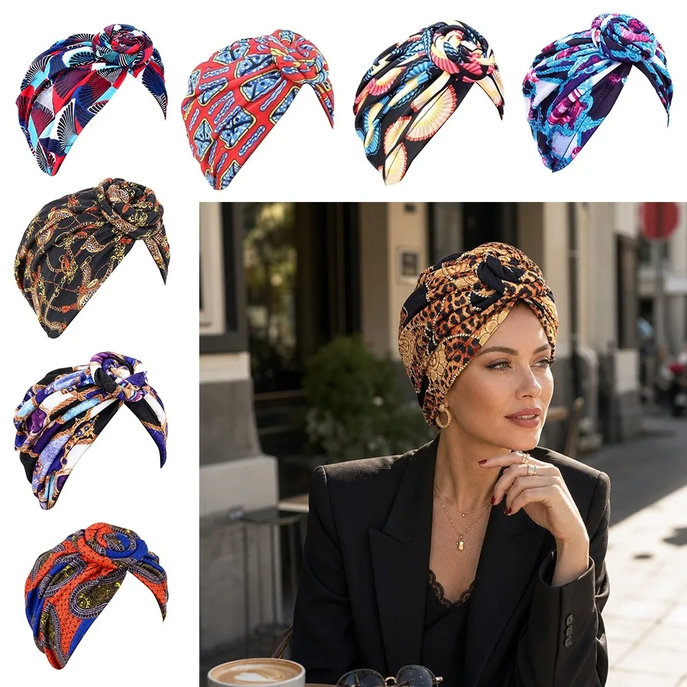 New African Print Hijab Caps Knotted Style Wrap Islamic Headband Breathable Pleated Headscarf All Match Decor