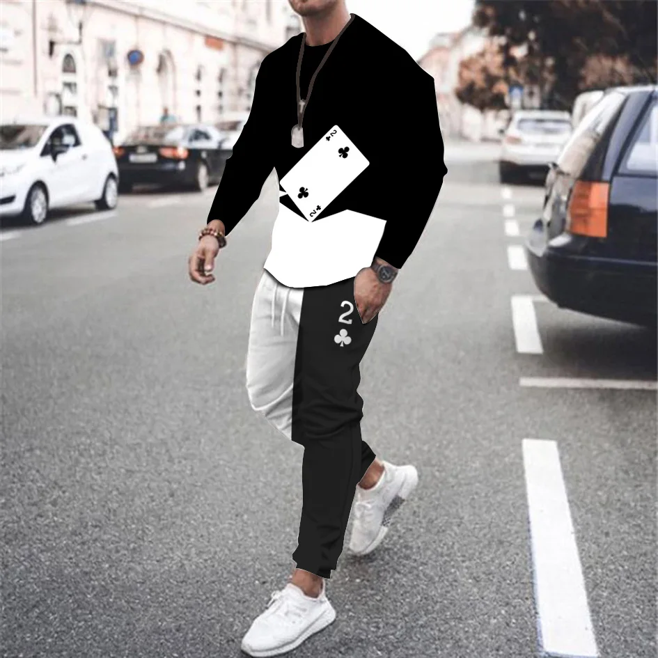 Fashion Black And White Poker Cards Men T-Shirt Long Sleeve Set 3D Printing Oversized  Streetwear Clothes 2-Piece Sports Suit