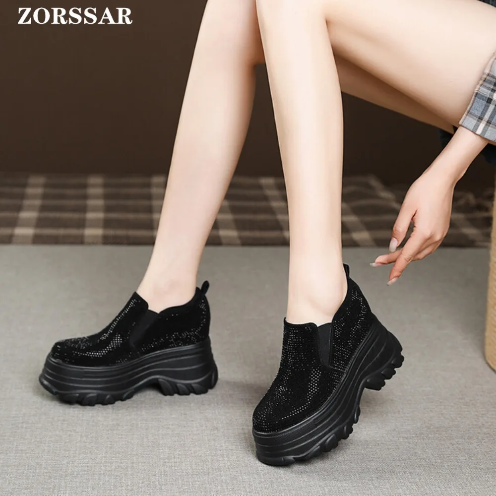 2024 New Spring Blue Crystal Hidden Wedge Heels Casual Shoes Woman Platform Sneakers Elevator High-heels Walking Sneakers Women