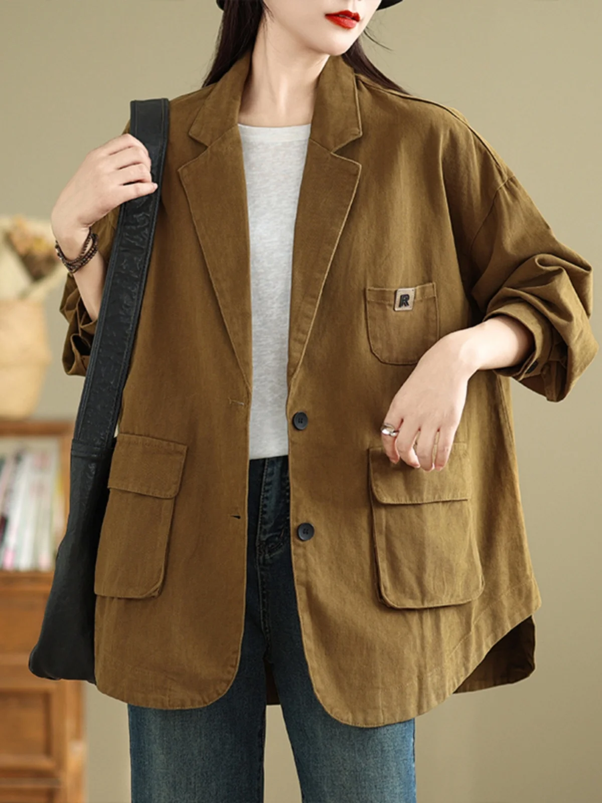 

Модный женский костюм цвета хаки, Jaet, свободный повседневный костюм на весну и осень, модная ветровка большого размера, рабочая одежда, пальто