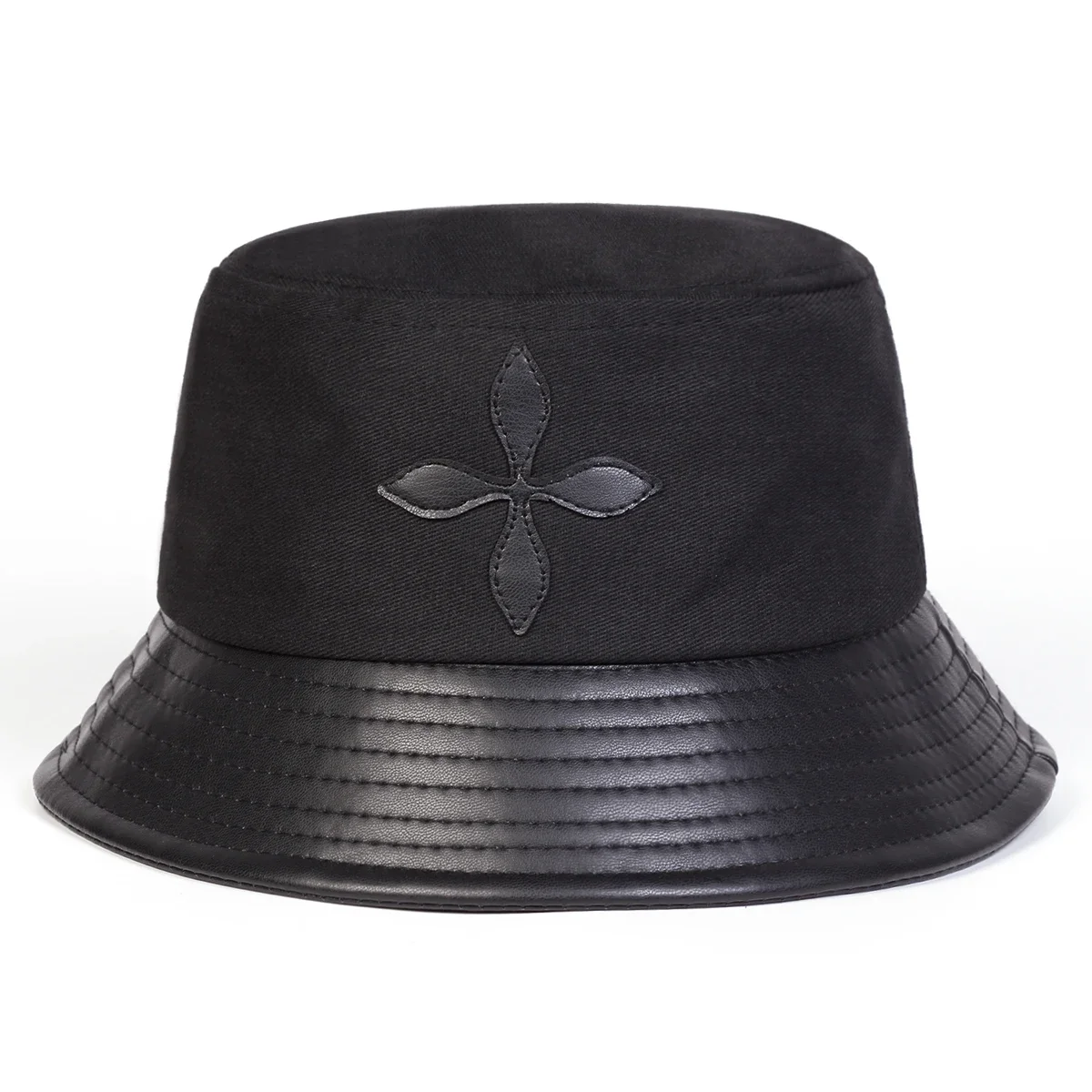 Unisex Cross Flower Label Persönlichkeits-PU-Leder Splice Bucket Hats Fischerhüte Outdoor Freizeitmütze Sonnenschutzhut
