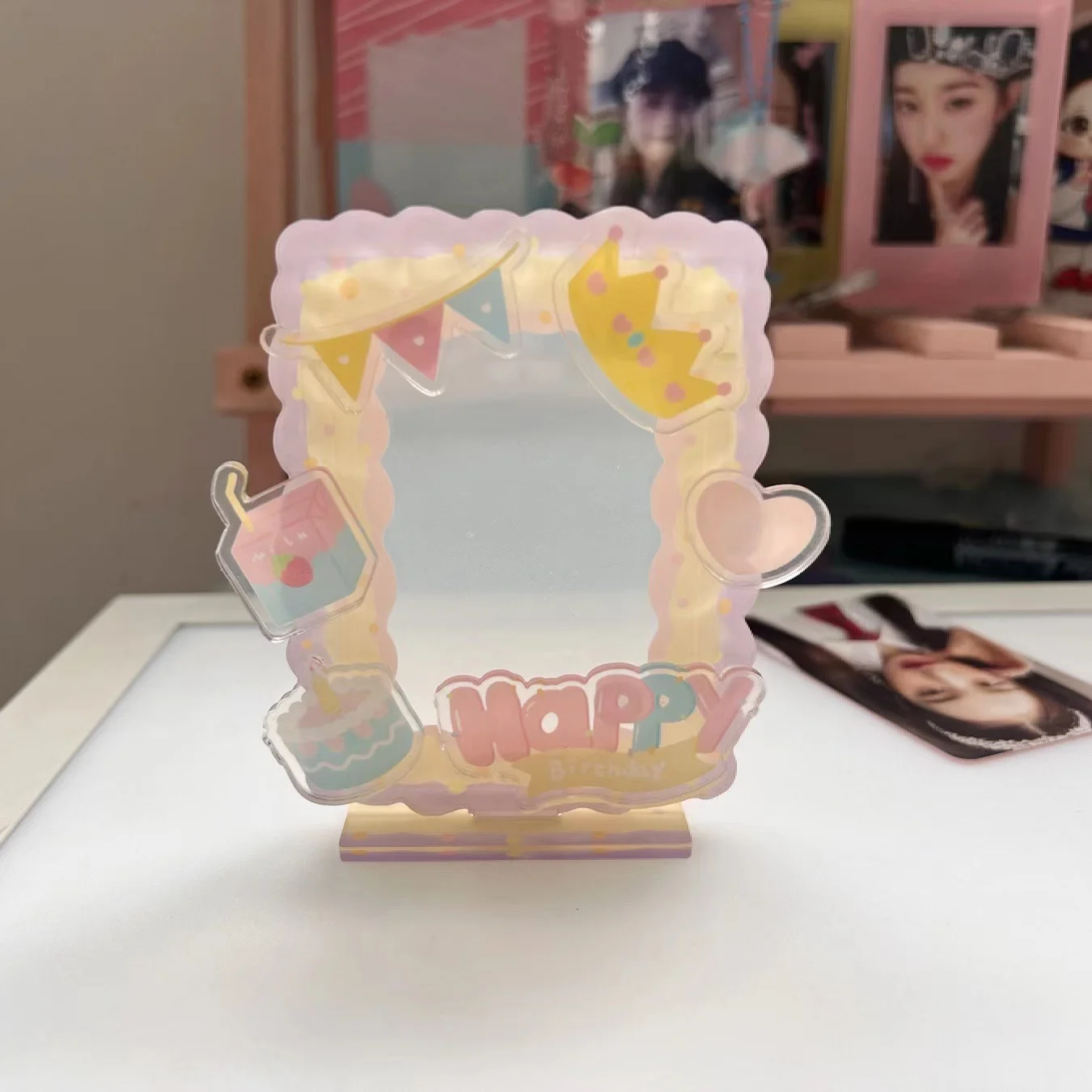 Kawaii Happy 3 inch Acrylic Photocard Frame Holder Card Polaroid Idol Photo Holder Desktop Stand Display School Stationery