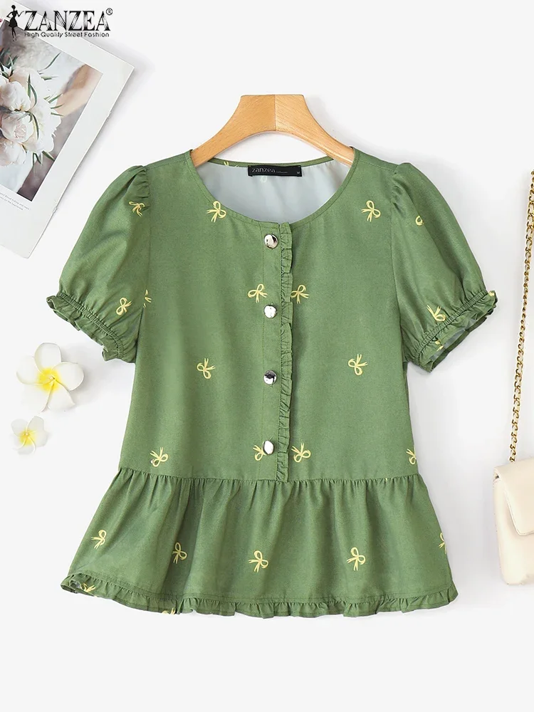 ZANZEA قمصان نسائية كورية مطبوعة بفيونكة تونك أزرار 2025 بلوزات صيفية بأكمام قصيرة مكشكشة بلوزات أنيقة غير رسمية #1
