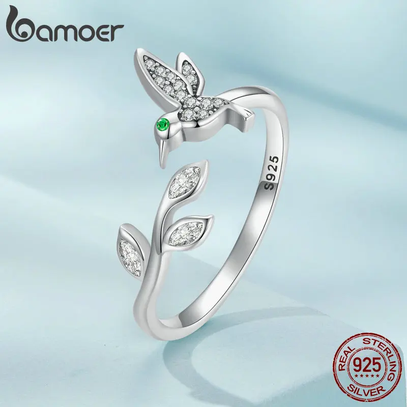 Bamoer 925 Sterling Silver Hummingbird Opening Ring for Women Pavé Shiny CZ Ring Eternity Band Fine Jewelry Birthday Gift SCR871