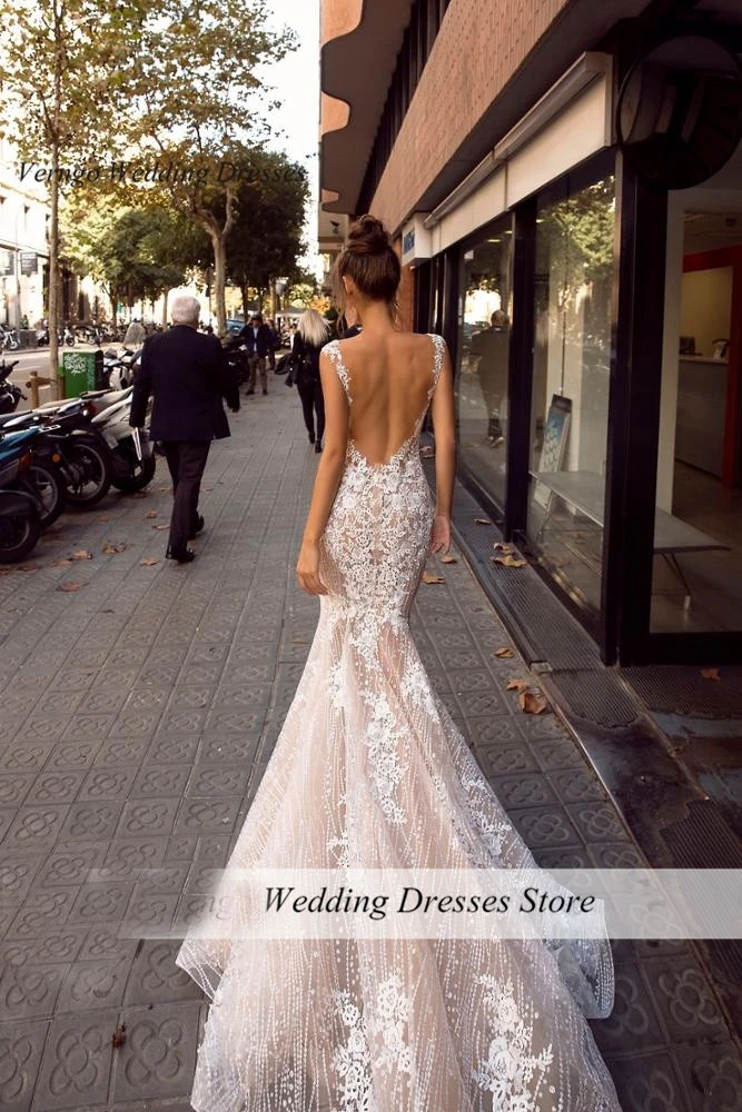 OLOEY Elegant Champagne Lace Mermaid Wedding Dresses Floral Backless Shiny Bride Dress Sweep Train Vestido de noiva 2023