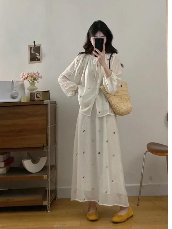 

plus Size Women's Lazy Style Embroidered Loose Sunshade Cover up Top And High Waist Skirt Two Piece Set Summer New Arrivals
