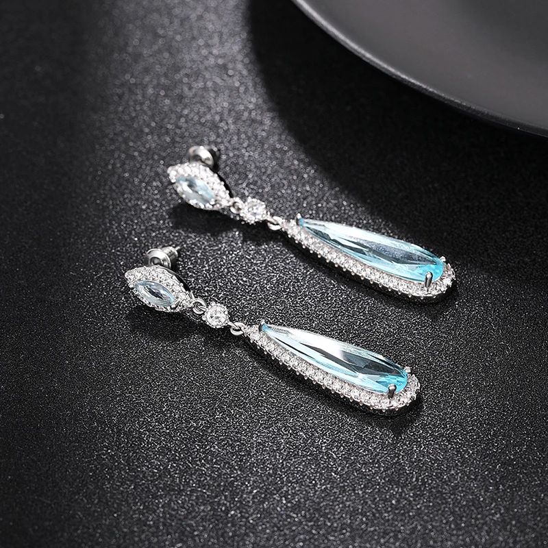 Huitan Aesthetic Light Blue Dangle Earrings for Women Fashion Contracted Design Temperament Lady Earrings Wedding Party Jewelry