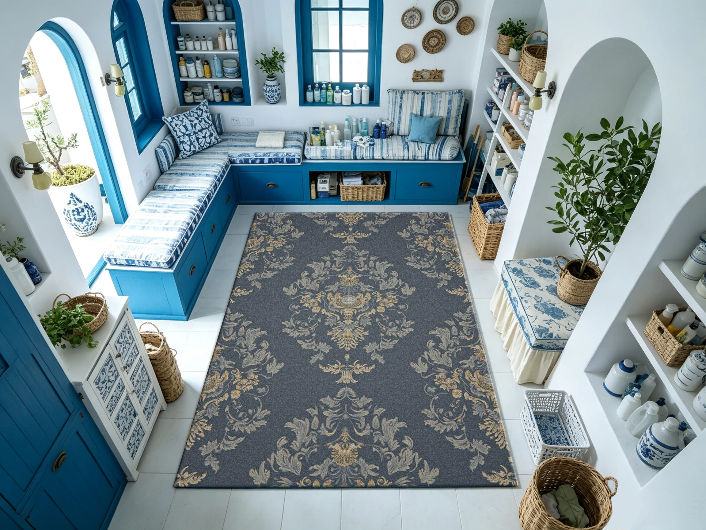 Dark Blue Brocade Vintage Floral Carpet Floor Tile European-Style Retro Home Carpet Suitable for Living Room Bedroom Interior Decoration