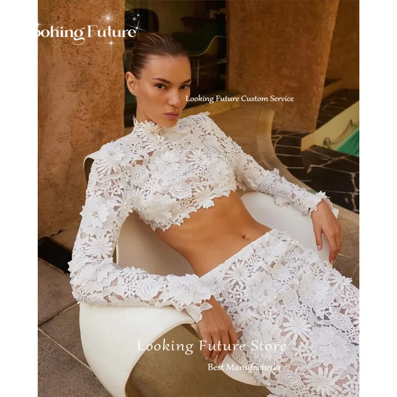 Vintage 2 pièces Style gaine dentelle robes de mariée simples manches longues col haut Appliques Sexy découpé dos nu robes de mariée