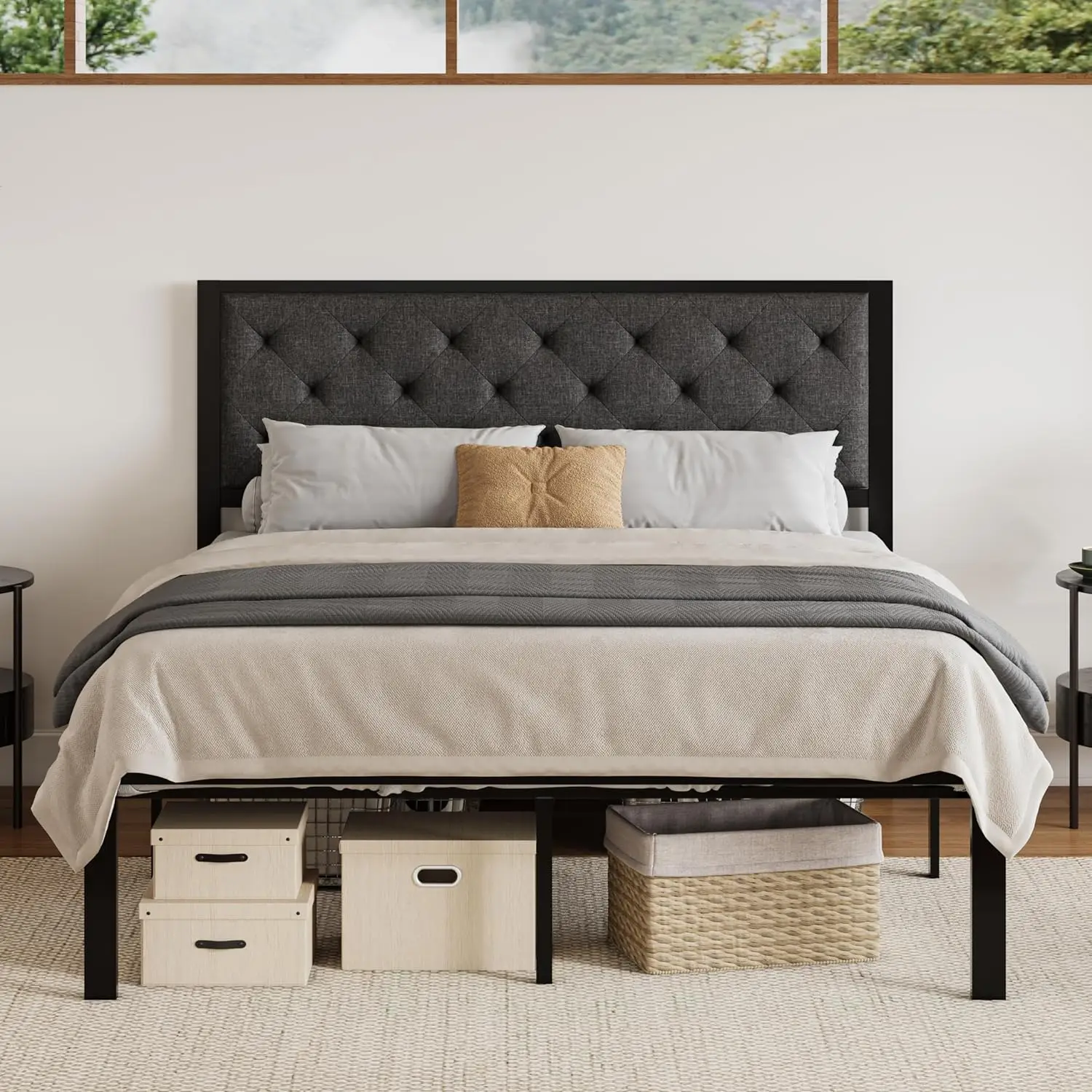 

Queen Size Metal Platform Bed Frame,Linen Upholstered Button Tufted Headboard, Mattress Foundation with 12.4” Under-Bed