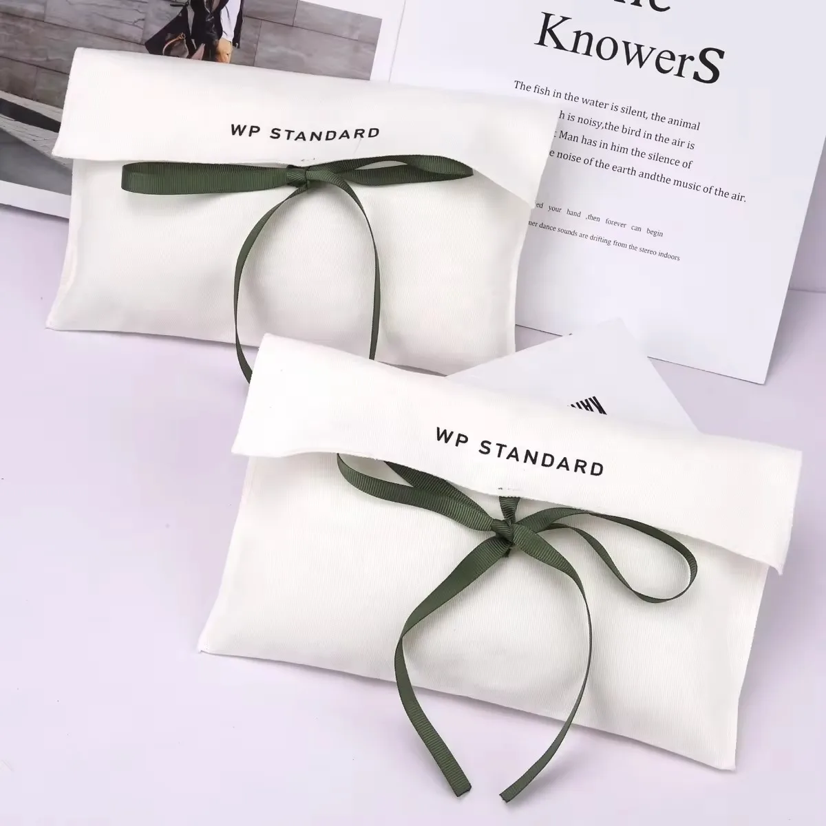 Custom Logo Printing cotton Twill Bag Envelope Cosmetic Gift Packaging Bag With Bow Luxury Jewelry Pouch