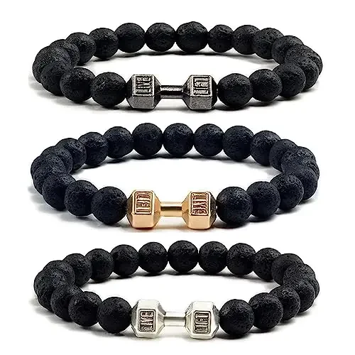 Fashion Black Frosted Beaded Silver Golden Gun Black Dumbbell Alloy Stretch Bracelet For Men Graduation Gift