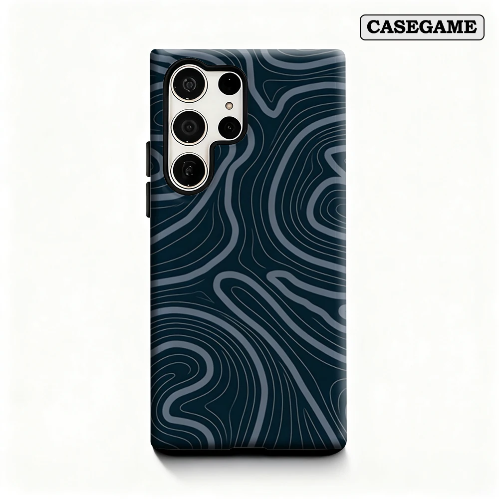 Casegame Phone Case for Samsung Galaxy S25 S26 Ultra S24 S23 Ultra Plus Shockproof Double Layer Dark Blue Topographic Art Cover