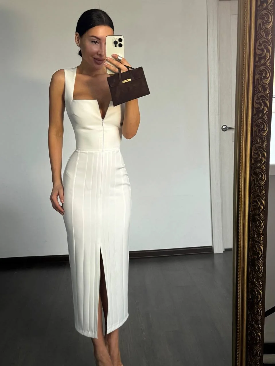 Solid Square Neck Split Midi Dress Women Zip Up Sleeveless Tight Fit Dresses Lady 2026 Summer New Fashion Elegant Evening Robes