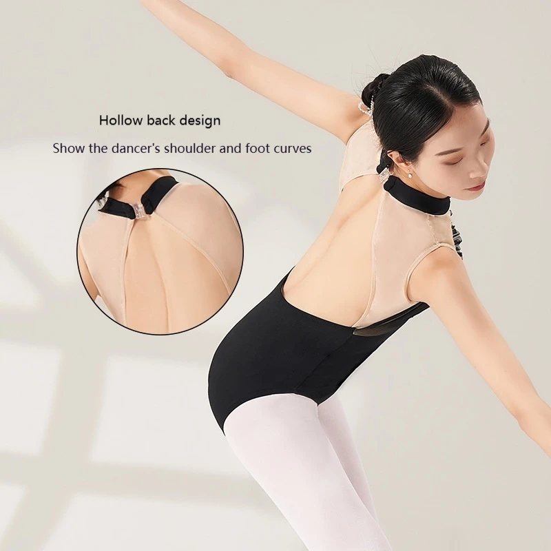 여성 발레 레오타드 가슴 연꽃 잎 접기 댄스 착용 접합 훈련 바디 슈트 성인 댄스웨어 체조 의류