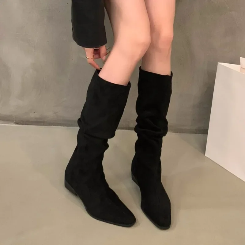 Buty damskie 2024 Fashion Sleeve Women Boots Autumn Winter Pointed Toe Denim Solid High Tube Chunky Heels Boots Zapatos Mujer