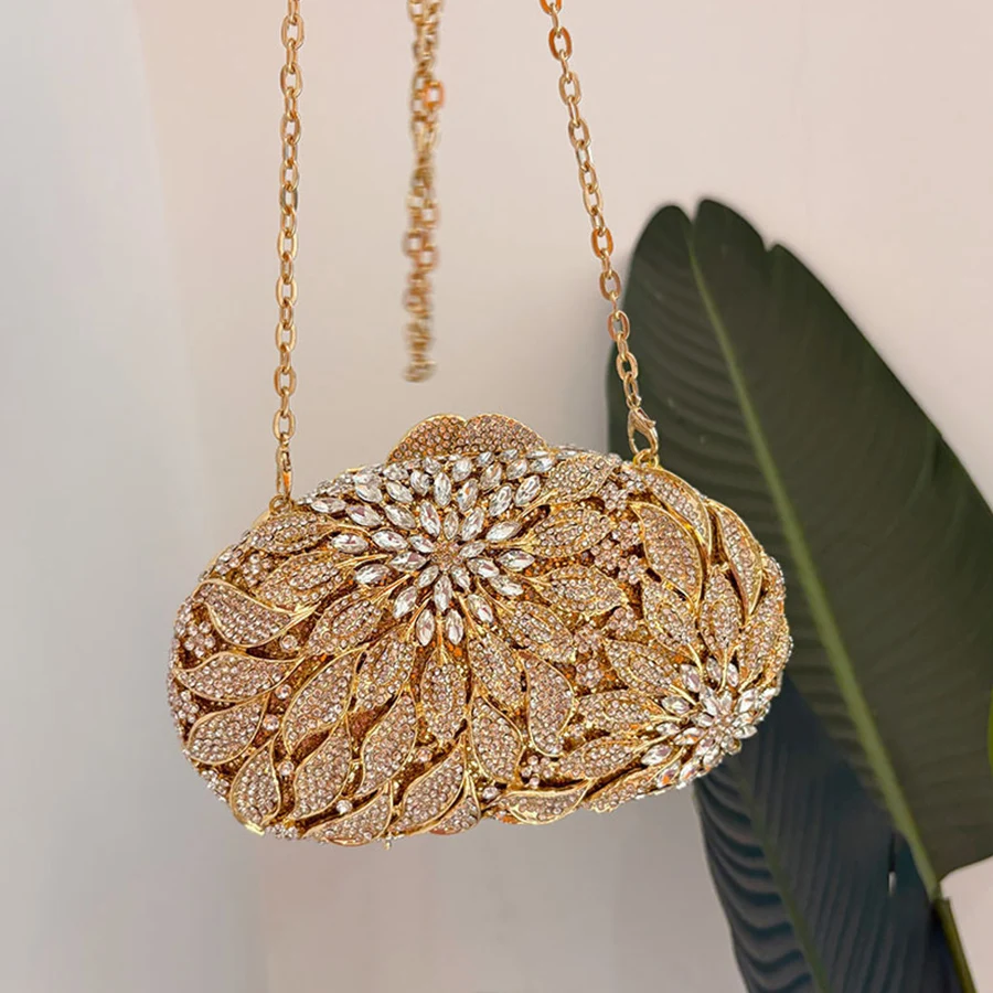 

Luxury Women Hollow Out Flower Diamond Clutch Crystal Evening Bags Bridal Wedding Rhinestone Handbags Stone Banquet Party Purses