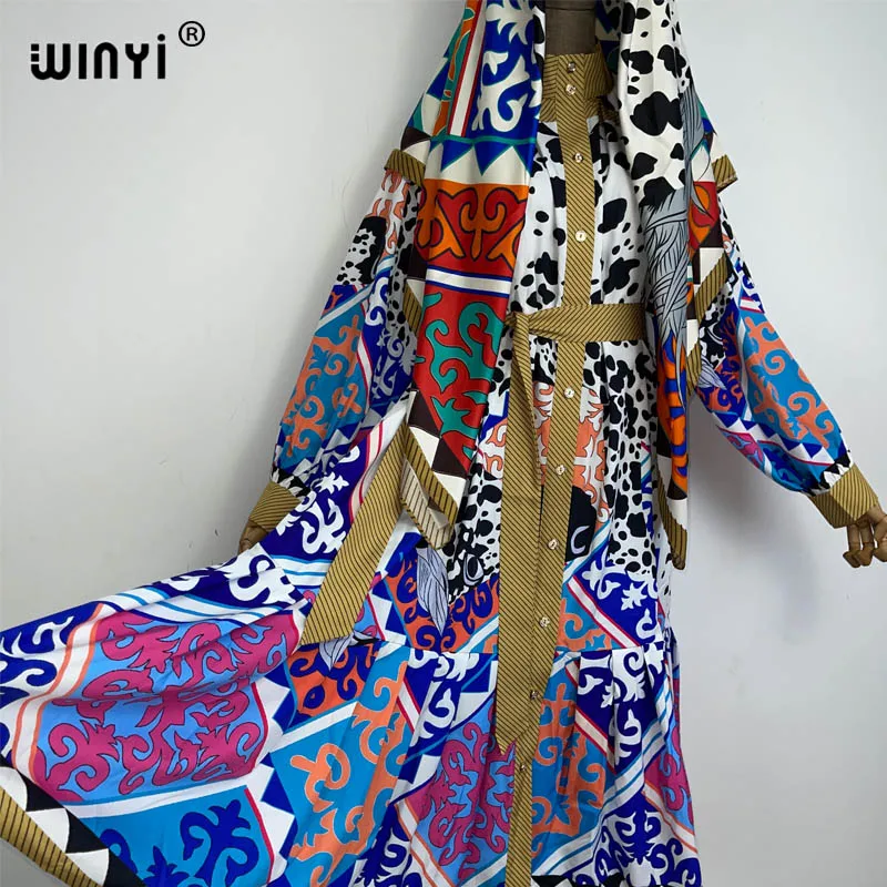 Winyi moda quimono impressão casaco manga longa cardigan abaya mulher muçulmana beachwear cobrir boho vestido kaftan abaya dubai luxo