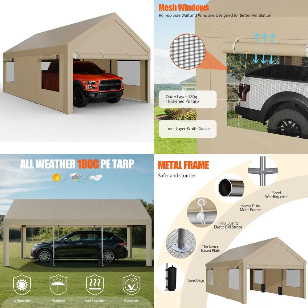 

Сверхмощный карпорт 12×20, портативный гараж со свернутыми окнами, съемными боковыми стенками и дверями, мешками с песком и цельносезонным брезентом для
