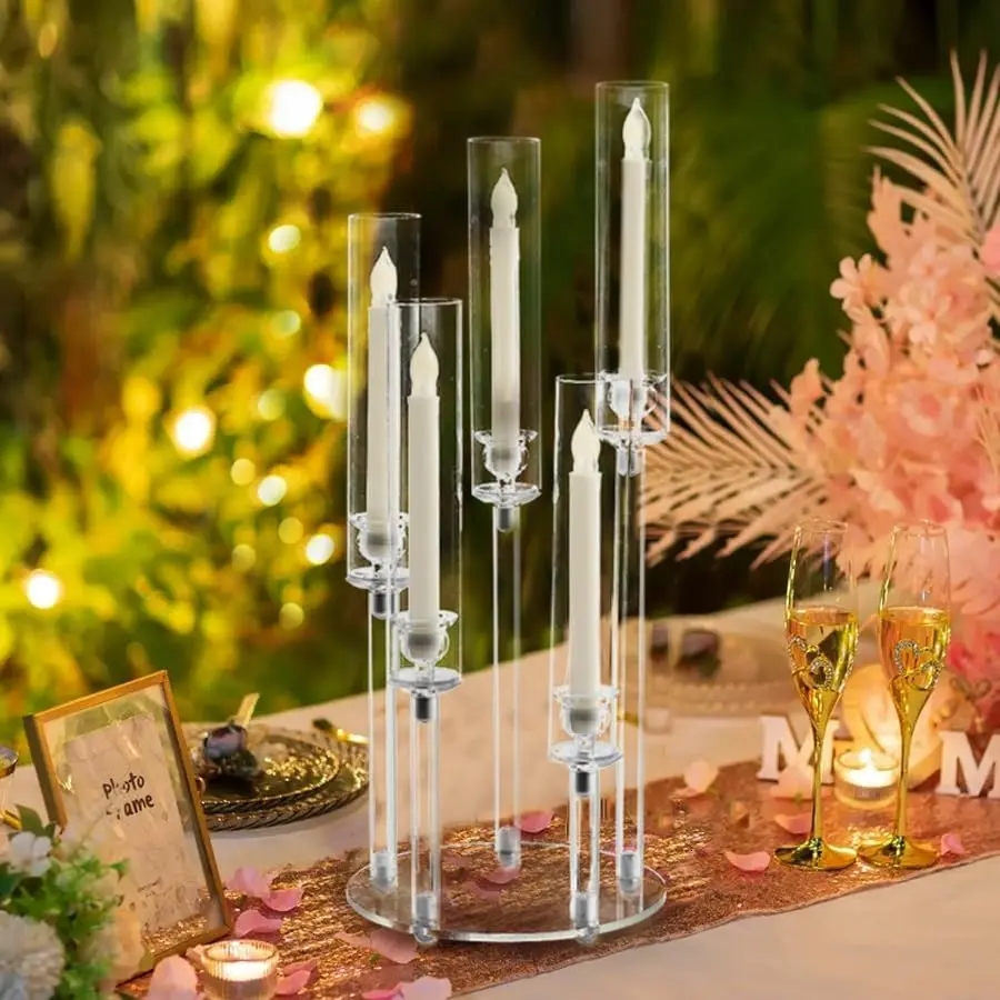 6sets Acrylic Candelabra Centerpieces for Tables 5 Arm Cluster Candle Holder for Wedding Baby Shower Festival,Party Windowsill