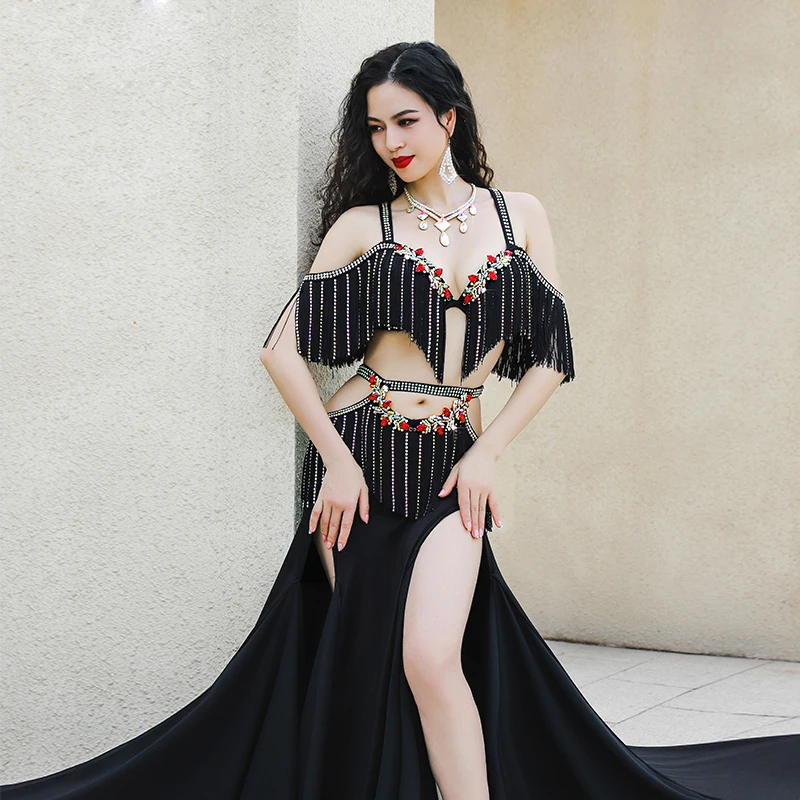 Conjunto de traje de dança do ventre egípcio sexy popsong roupa de dança oriental trajes de competição de grupo saia longa maxi com borlas