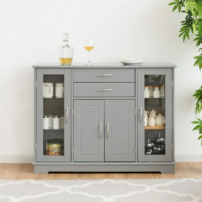 Sideboard Buffet Server Storage Cabinet W/ 2 Drawers, 3 Cabinets and Glass Doors for Kitchen Dining Room Furniture Cupboard