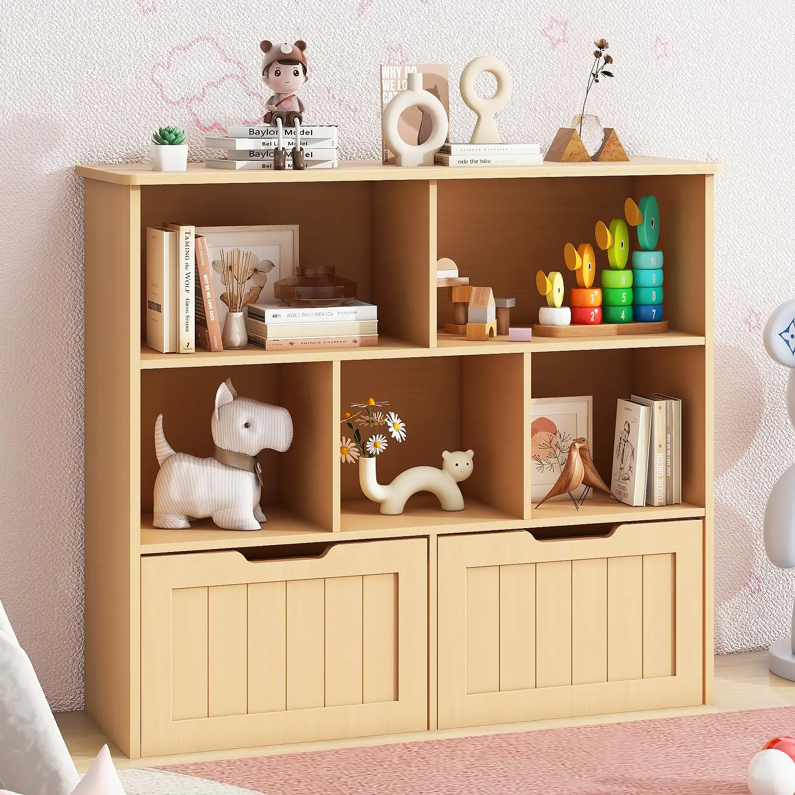 Vabches Kids Bookshelf Toy Storage Organizer Wooden Children's Bookcase with 2 Drawers on Wheels&5 Storage Cubbies for Playroom