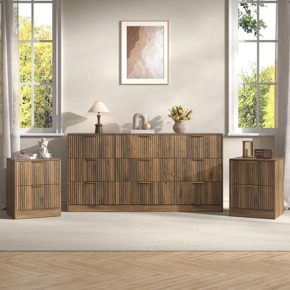 

Modern Bedroom Furniture Set, Wide 9Drawer Dresser amp 2Drawer Nightstands Set of 2, Natural Wood Dresser and Nightstand Sets f