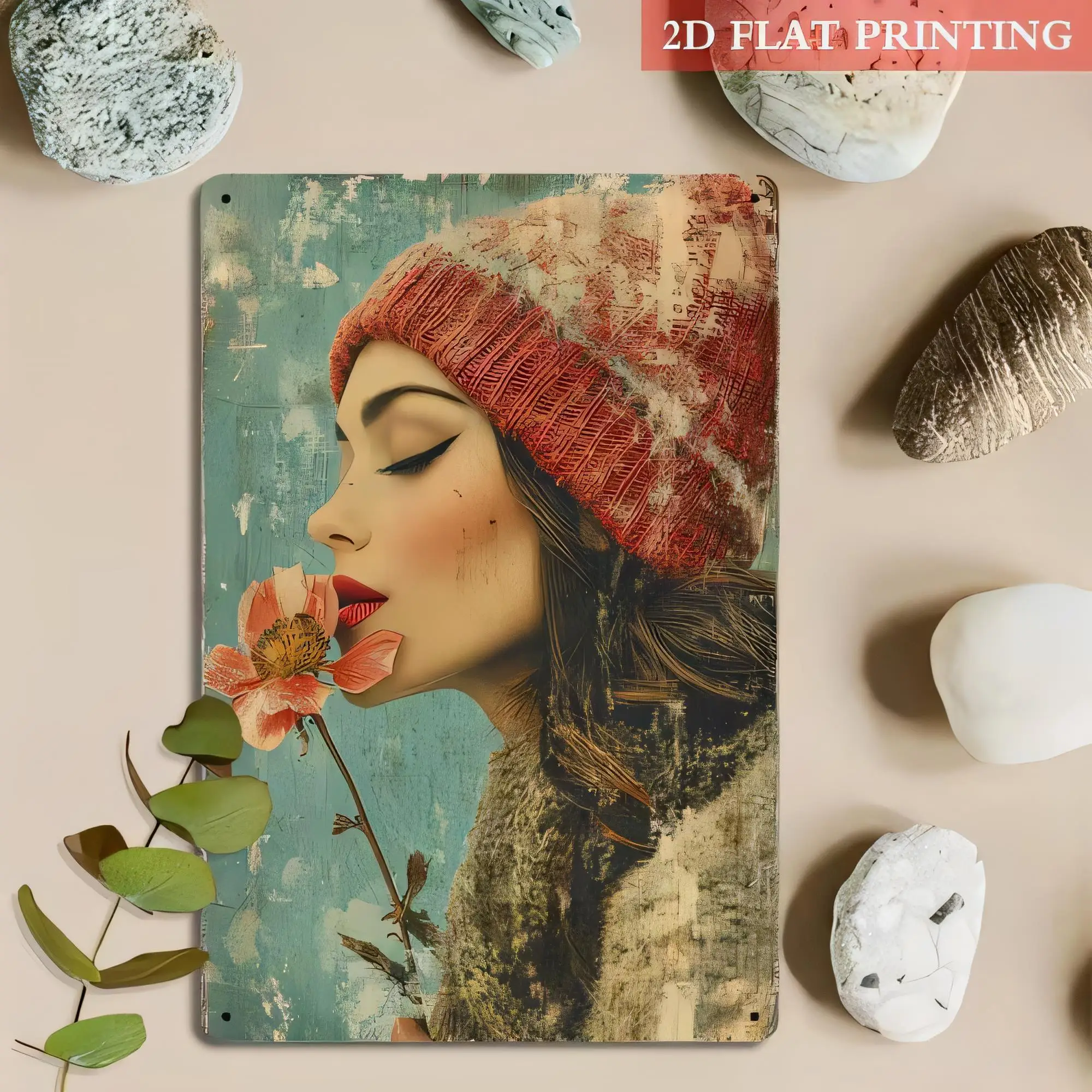 Tin Sign 2D Flat Printing Vintage Girl Portrait With Red Hat Floral Wall Decor Metal Plaque Retro Art Print for Bedroom Living R