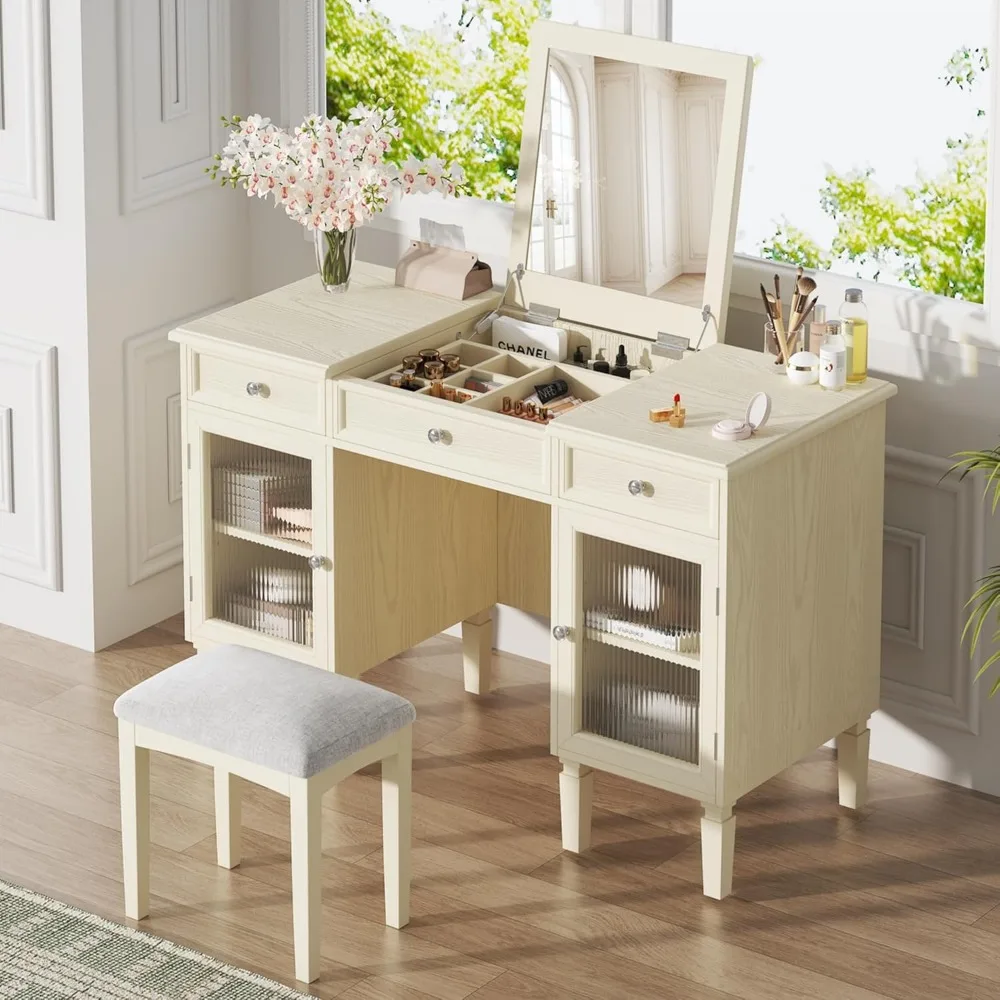 

2-in-1 Vanity Desk with Flip-Top Mirror, Dressing Table Set with 3 Drawers & 2 Cabinets, Multi-Functional Computer Writing