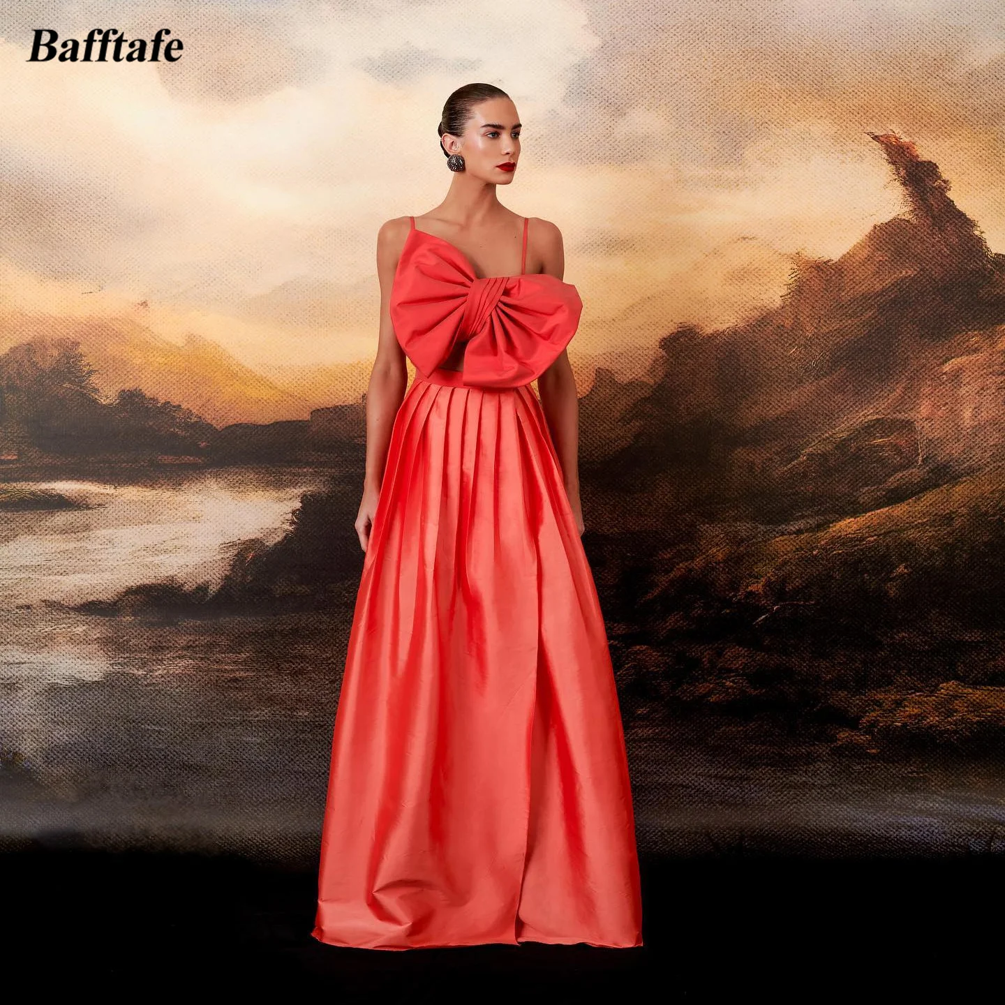 

Bafftafe Orange Satin Prom Dresses Big Bow Spaghetti Strap Pleated Woman Evening Gowns Formal Wedding Party Bridesmaid Wear